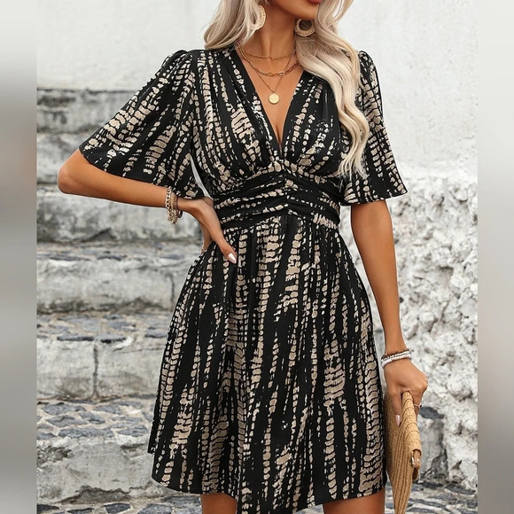  Tie-Dye Flutter Sleeve Waist Ruffle Midi Dress - Picture 1 of 5